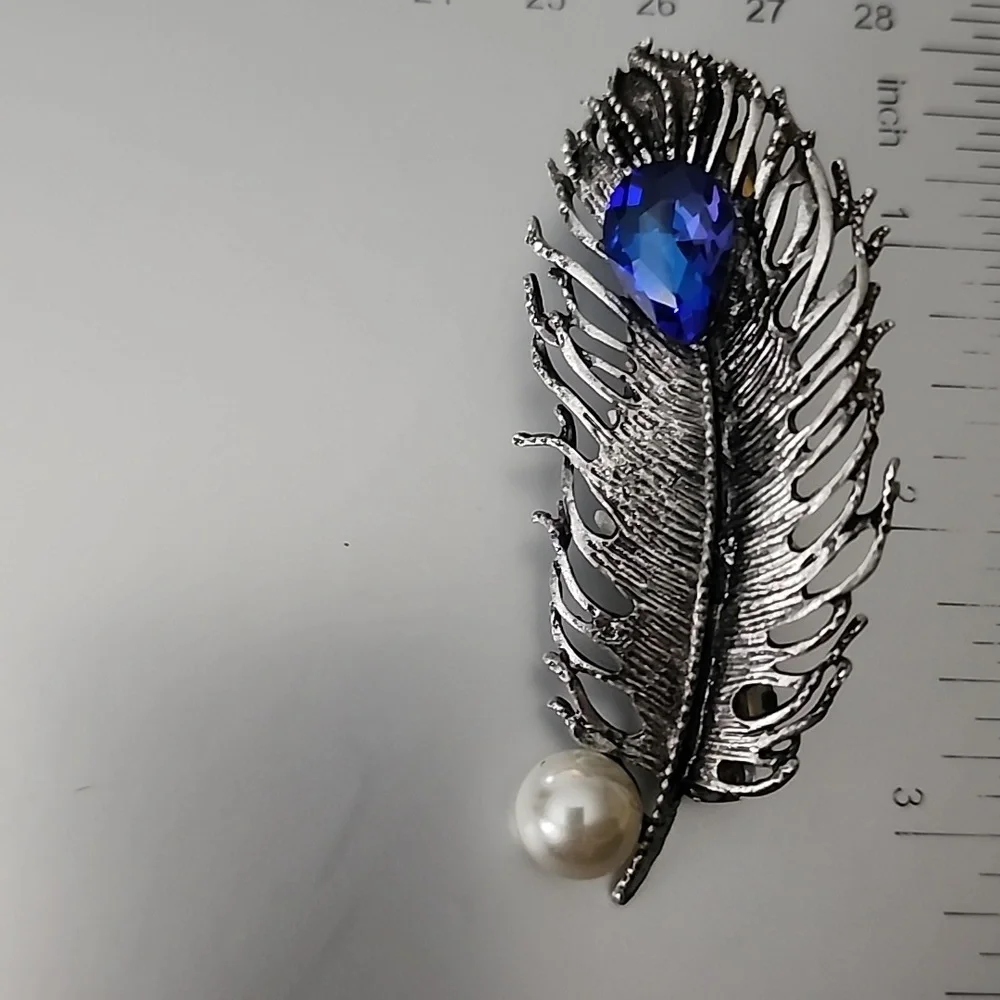 SILVER and  BLUE  Feather Hair Accessory with Peacock Design